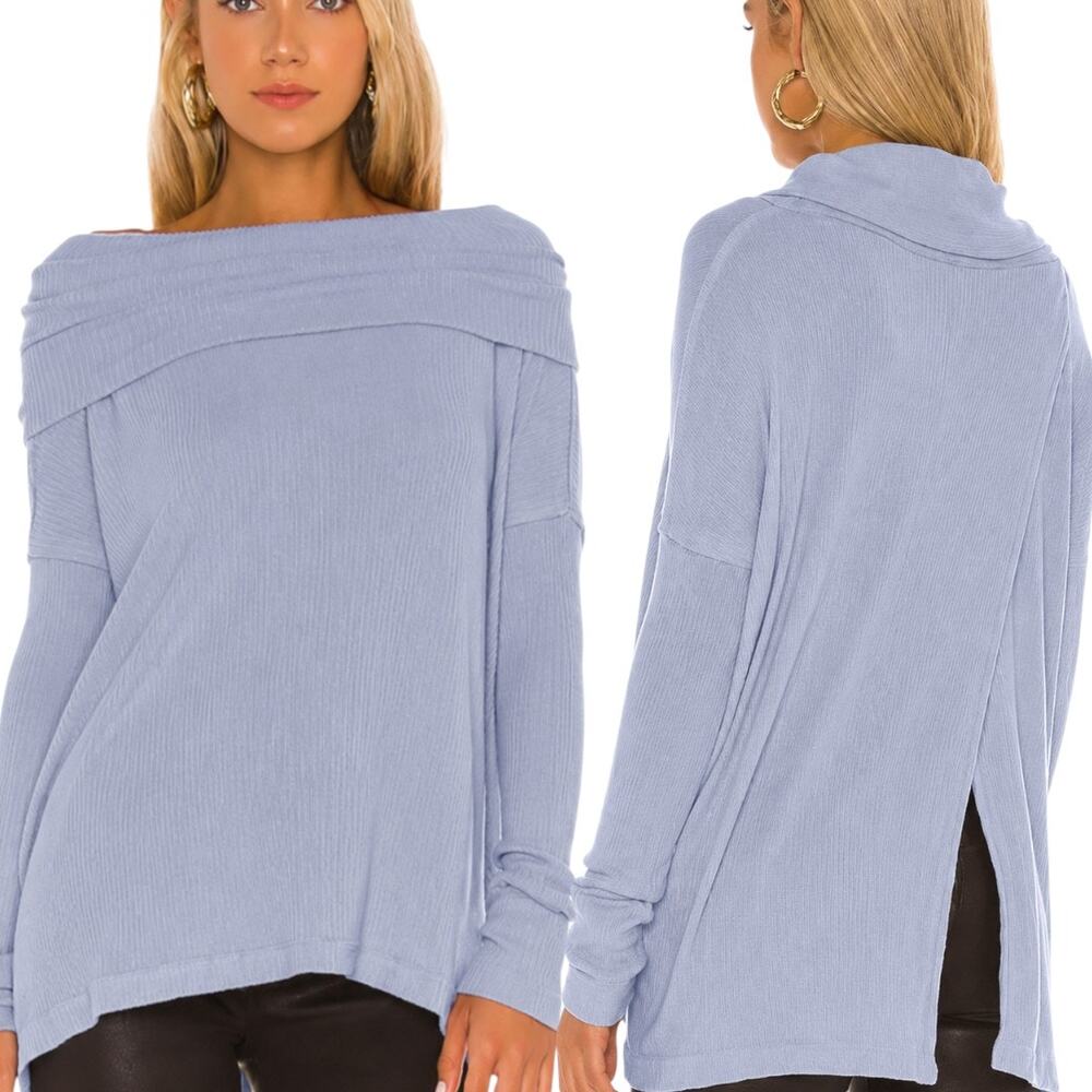 Free People We The Free Juicy Long Sleeve Top Blue Ribbed Knit Soft Size S